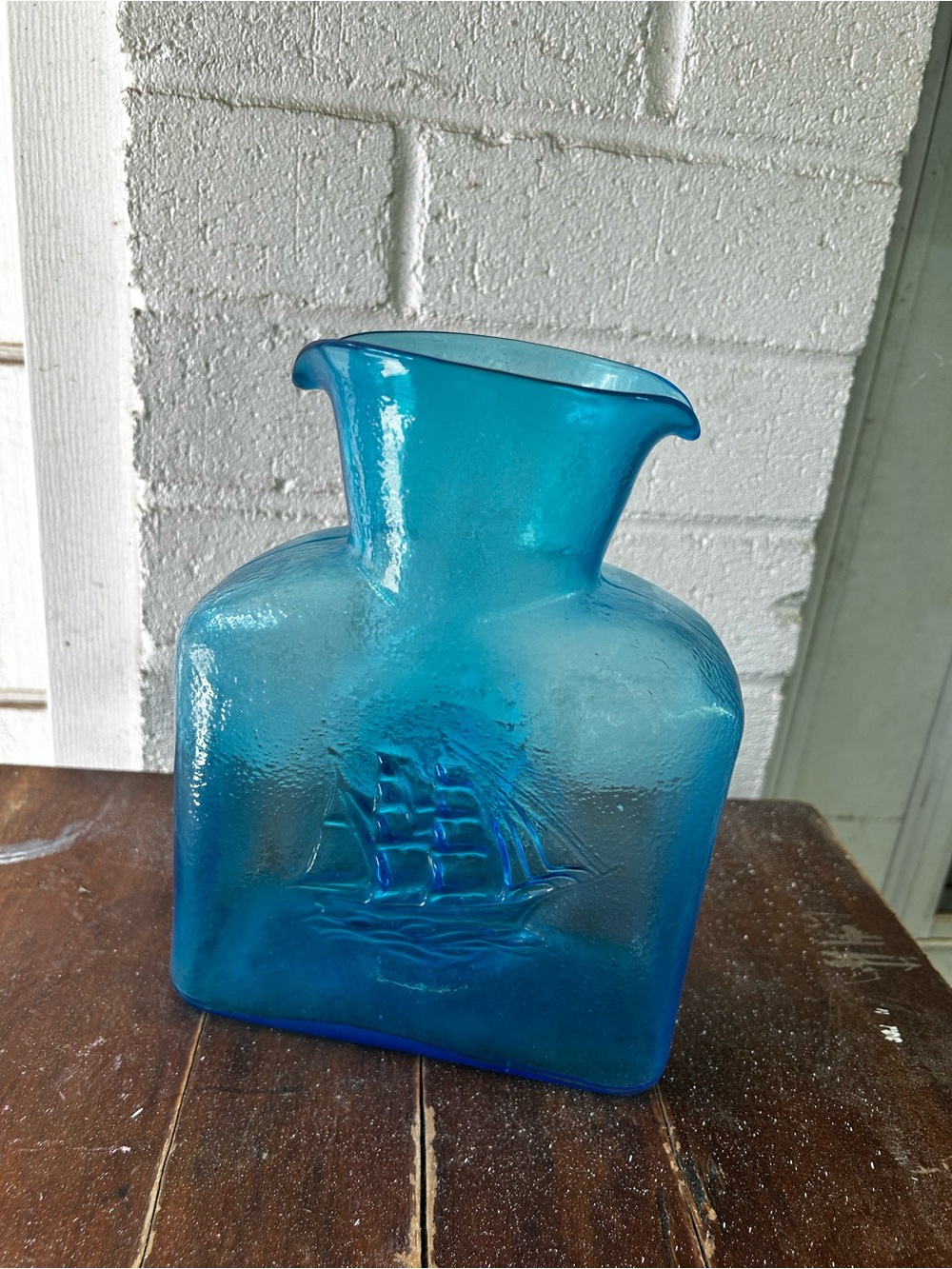 Kanawha Glass Company Blue Glass Ship-Embossed Pitcher Vase